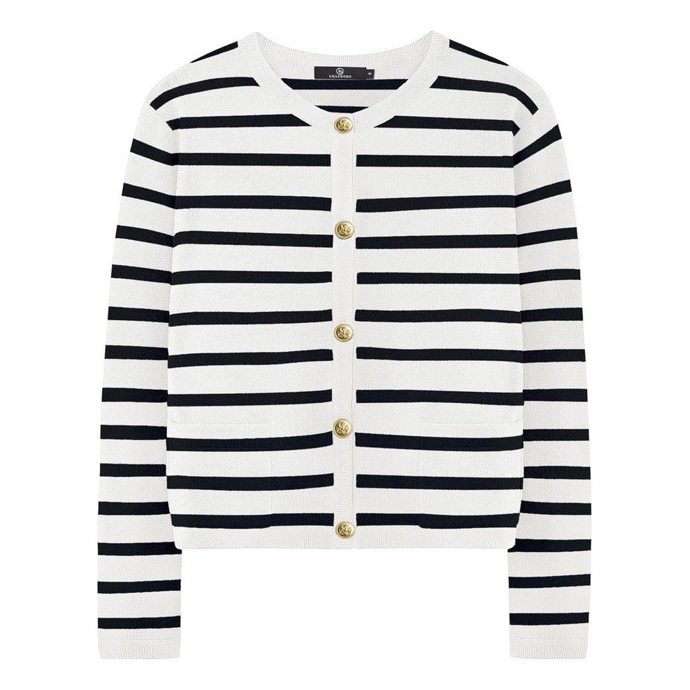 LILLUSORY Cardigan Women Small Black White NEW Striped Gold Button Coastal Luxe